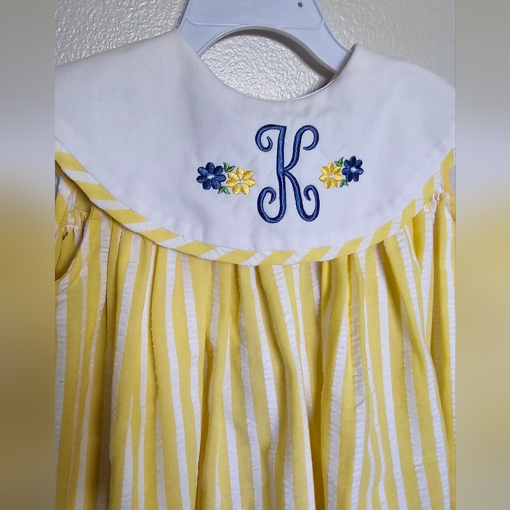 Monogrammed K Embroidered Yellow Stripe Girls Dress